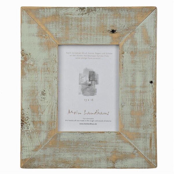 Handgefertigter Landhaus Bilderrahmen aus Alt-Holz Mint/Türkis 18x24 cm