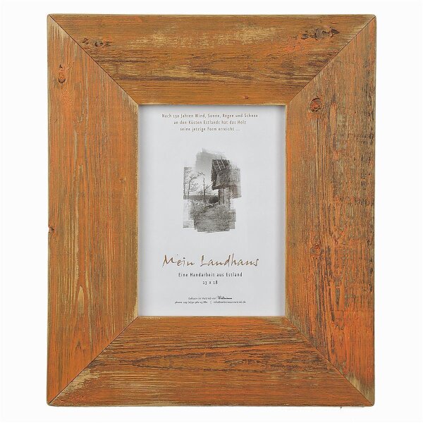 Exklusive Landhaus Bilderrahmen aus recyceltem Alt-Holz in Orange mit 7cm breiter Leiste – Vintage und Rustikal 20x30cm