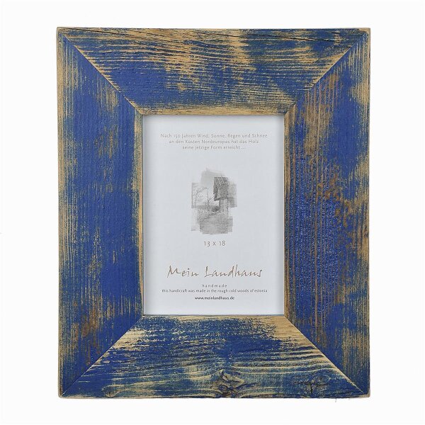 Exklusiver Landhaus Bilderrahmen aus recyceltem Alt-Holz in Marineblau/Marine mit 7 cm Leiste